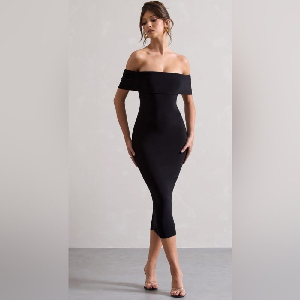 ✨ Club L London Averie Black Bodycon Bardot Midi Dress | Size US 4 ✨